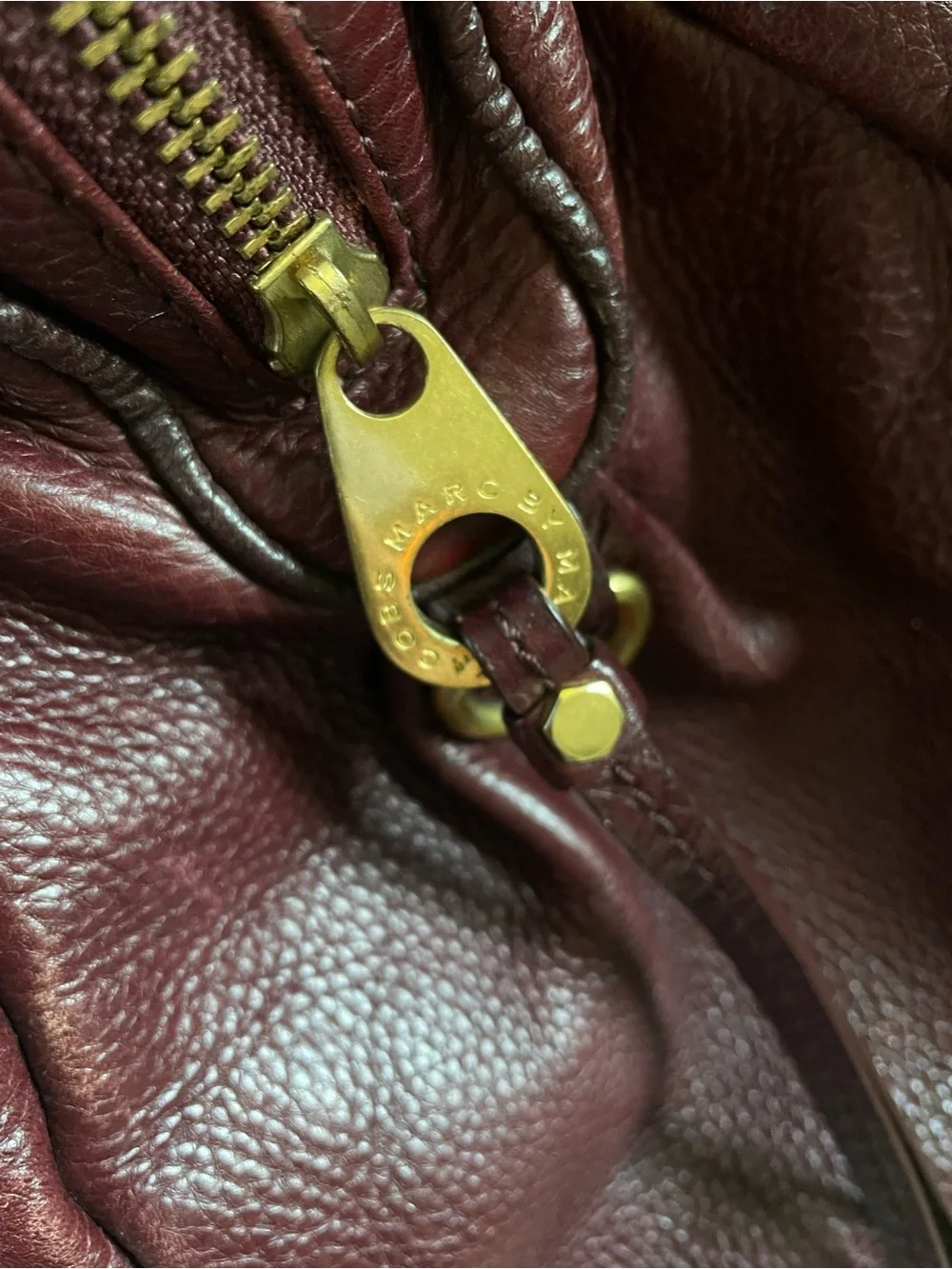Marc by Marc Jacobs Burgundy Leather Pleated Satchel with Gold Hardware